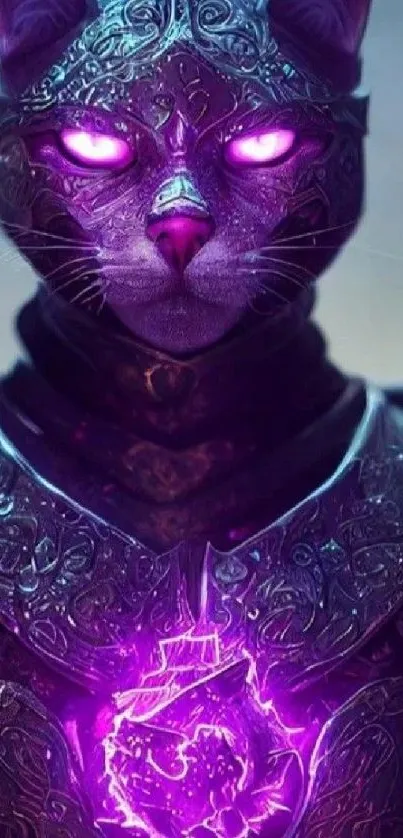 Mystical armored cat with glowing eyes in a fantasy setting.