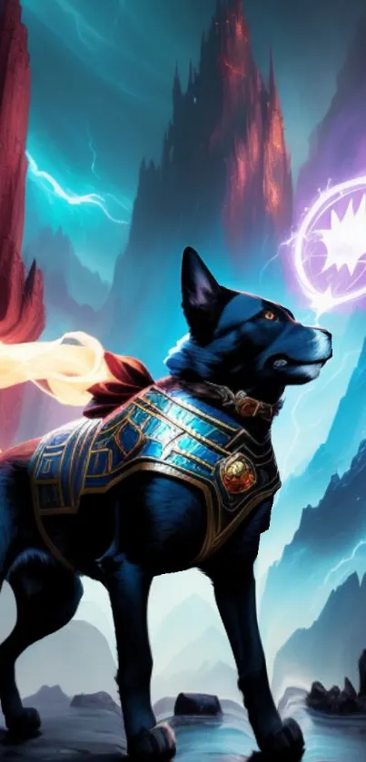 A mystical dog with armor under a vibrant fantasy sky.