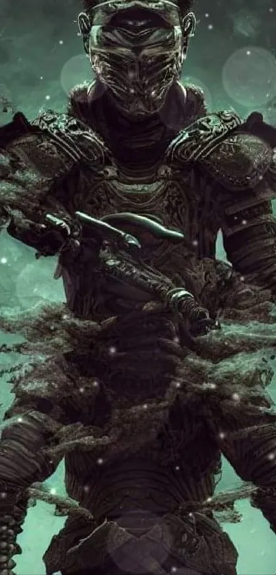 A mystical armored warrior surrounded by ethereal smoke and green tones.