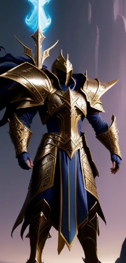 Mystical armored warrior with a glowing blue sword in a fantasy landscape.