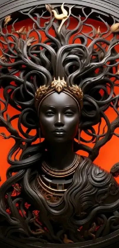 Intricate mystical woman with tree hair against red background.