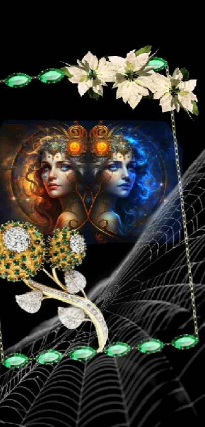 Fantasy wallpaper with dual goddess art and floral details on black background.