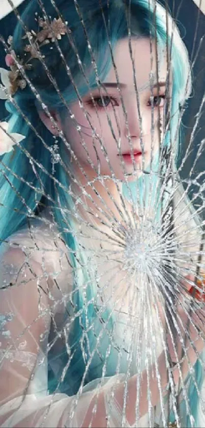 Ethereal girl with blue hair behind cracked glass.