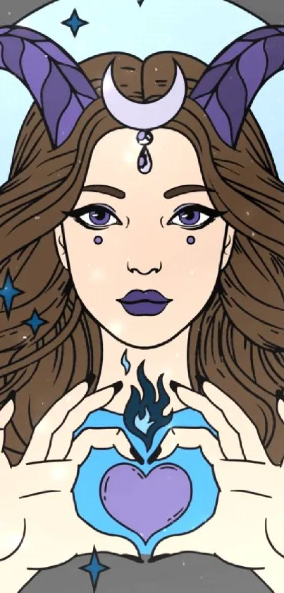 Mystical woman with horns and heart on a celestial background in vivid art style.