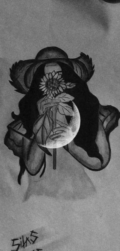 Mystical drawing of a shadowy figure with a moon and flower in grayscale.