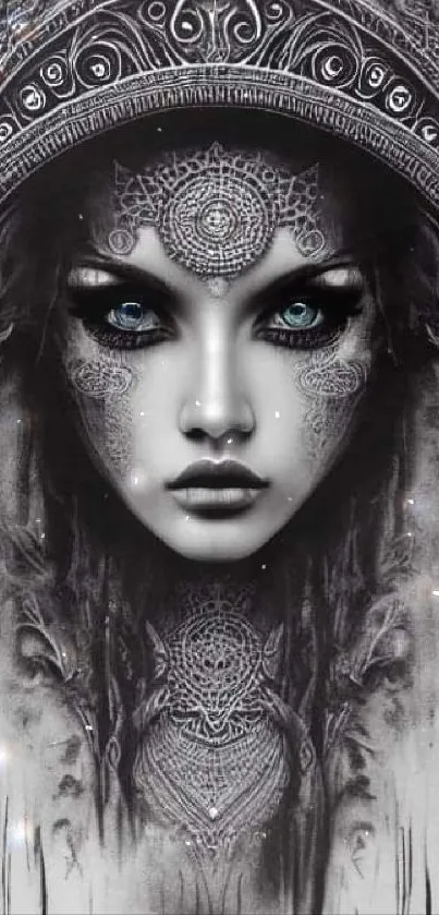 Mystical face with blue eyes on a digital art wallpaper design.