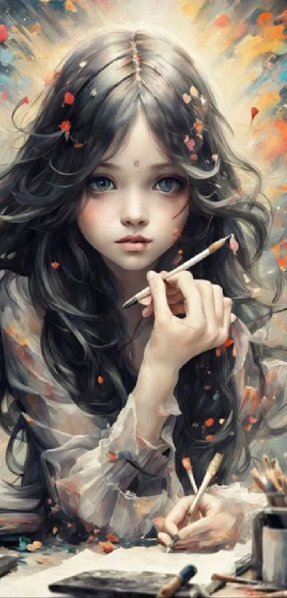 Fantasy art wallpaper with a mystical girl holding a brush surrounded by colorful splashes.