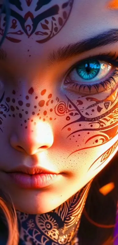 Mystical face with intricate colorful patterns.