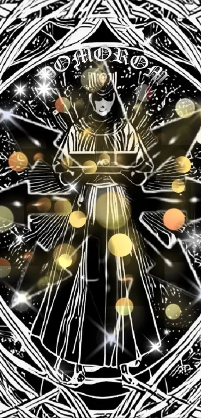 Mystical black and gold artistic phone wallpaper with abstract elements.