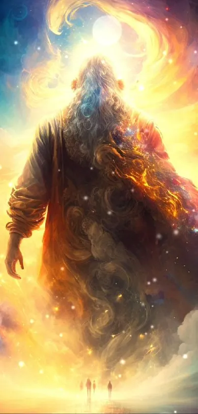 Mystical figure in fiery clouds wallpaper.