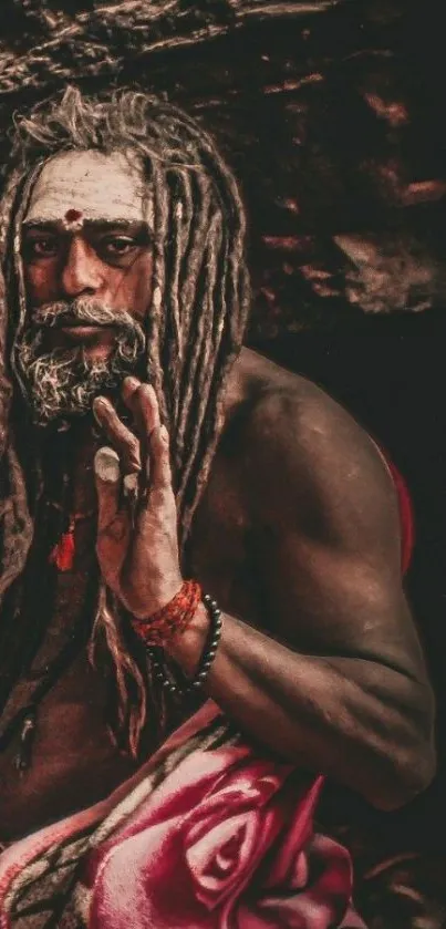 Mystical ascetic with dreadlocks and earthy tones.