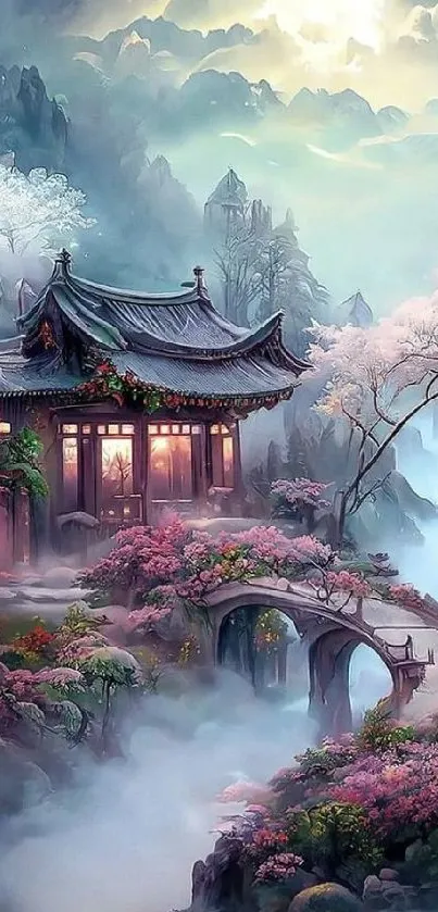 Misty Asian landscape with cherry blossoms and a temple bridge.