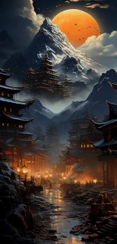 Mystical Asian village under a moonlit sky with mountains.