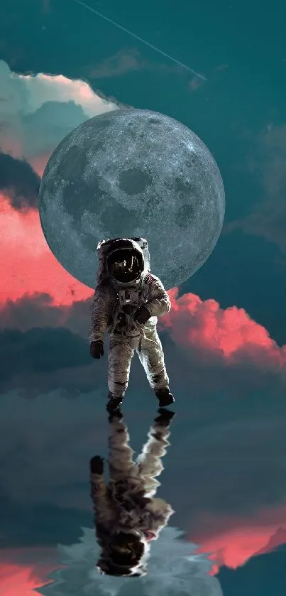 Astronaut standing under a full moon with vibrant clouds reflected in water.