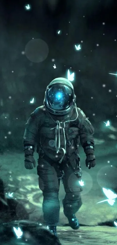 Astronaut in dark forest surrounded by glowing butterflies.