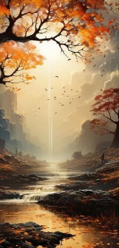 Mystical autumn landscape with vibrant foliage and serene streams.