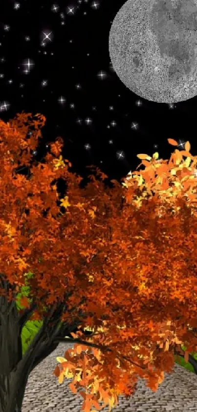 Autumn night wallpaper with glowing moon and vibrant orange trees.