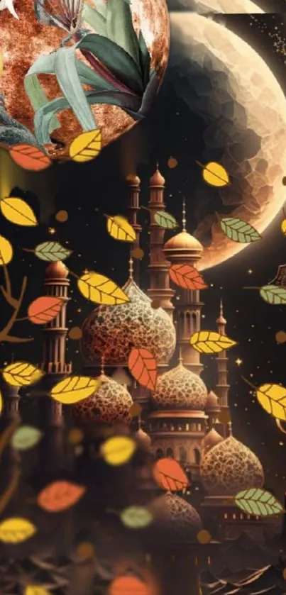 Mystical temple with autumn leaves and crescent moon on a dark wallpaper.