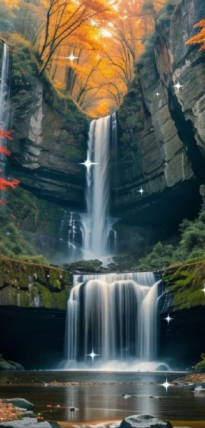 Stunning waterfall amidst autumn leaves with glowing sparkles in a forest setting.