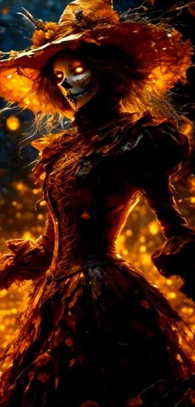 Spooky witch with glowing lanterns in a dark, autumn forest setting.