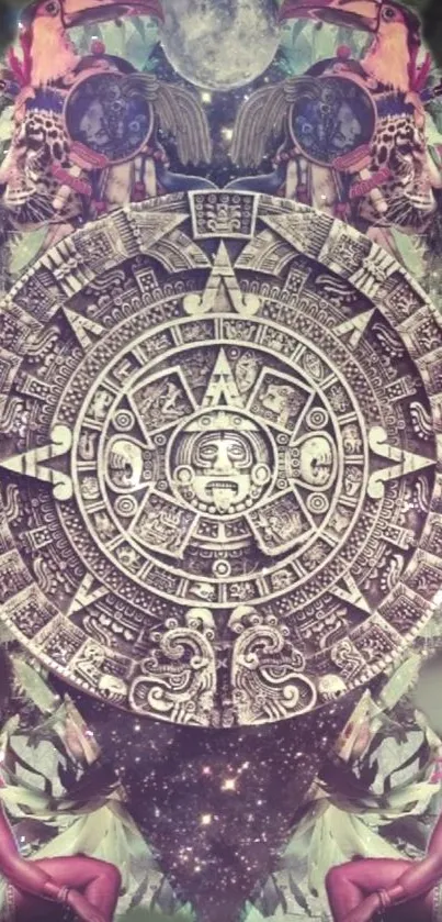 Mystical Aztec calendar wallpaper with celestial and tribal motifs.