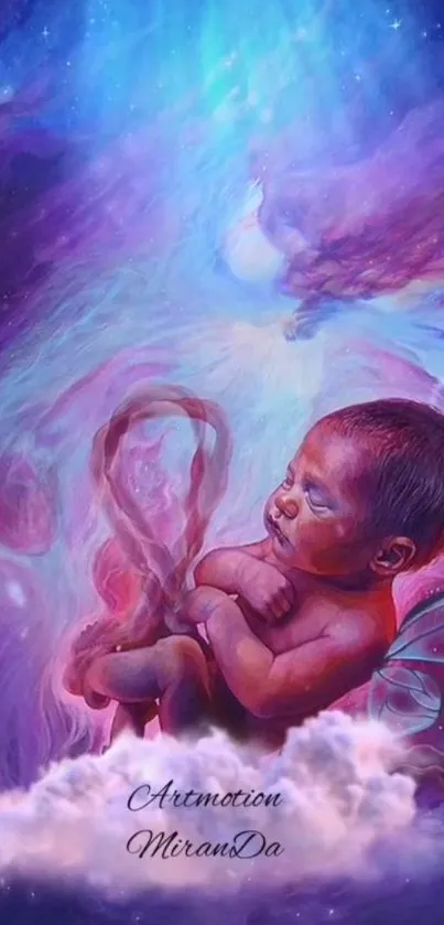 Mystical artwork of a baby enveloped in cosmic purple hues and stars.