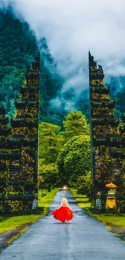 Enchanting Bali gate with lush greenery and morning mist.