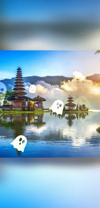 Bali temple at sunset with ghostly figures and lake reflection.