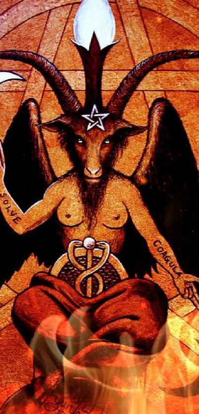 Baphomet symbol with mystical and occult themes on a brown background.