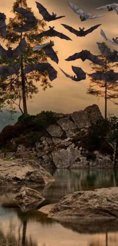 Bats flying over serene forest lake at sunset.