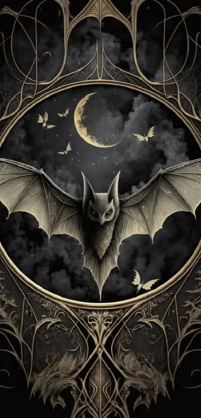 Mystical bat and moon design with gothic elements.