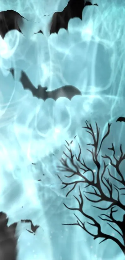 Bats flying over a glowing mystical blue fog with eerie branches.