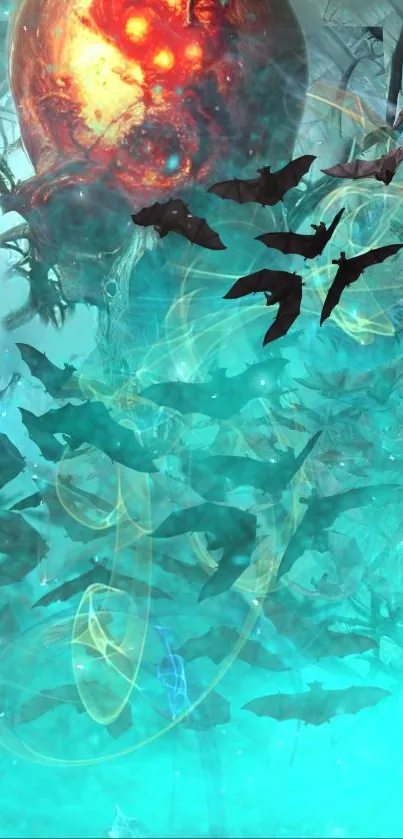 Mystical bat swarm with ethereal light glowing in vibrant turquoise.