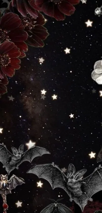 Mystical wallpaper with bats, stars, and dark florals.