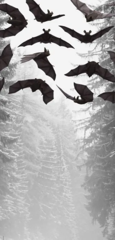 Bats flying over a snowy forest in winter