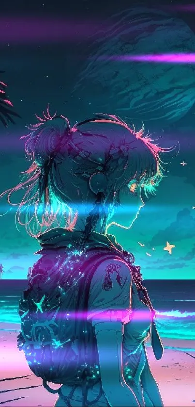 Anime character overlooks a starry teal beach night with palm trees.