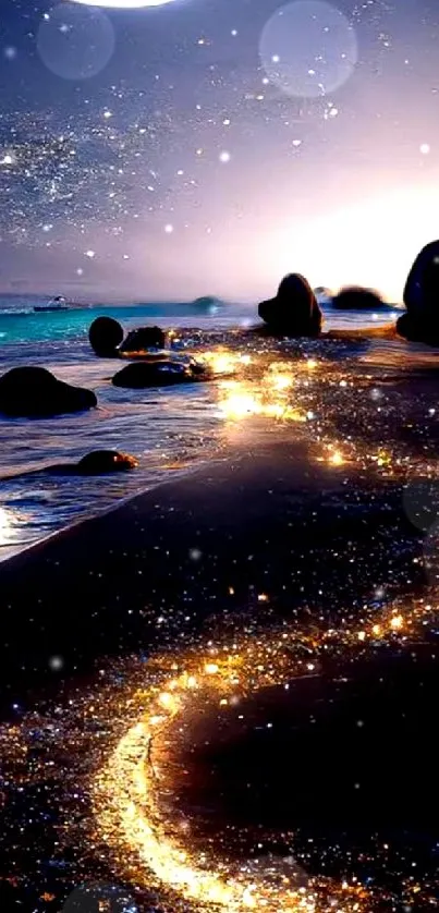 Mystical beach with crescent moon and starlit shore at night.