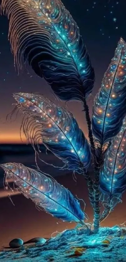 Glowing feather plants on a mystical beach with stars shimmering in the night sky.