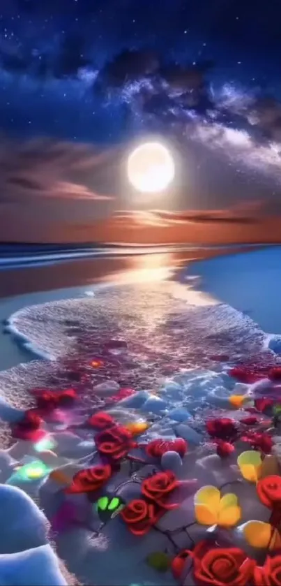 Mystical night beach with moon and roses under a starry sky.