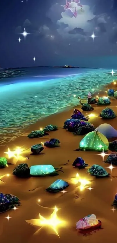 Mystical beach with glowing stars and colorful rocks under a night sky.