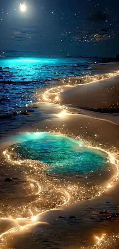 Moonlit beach with glowing sand and starry sky.