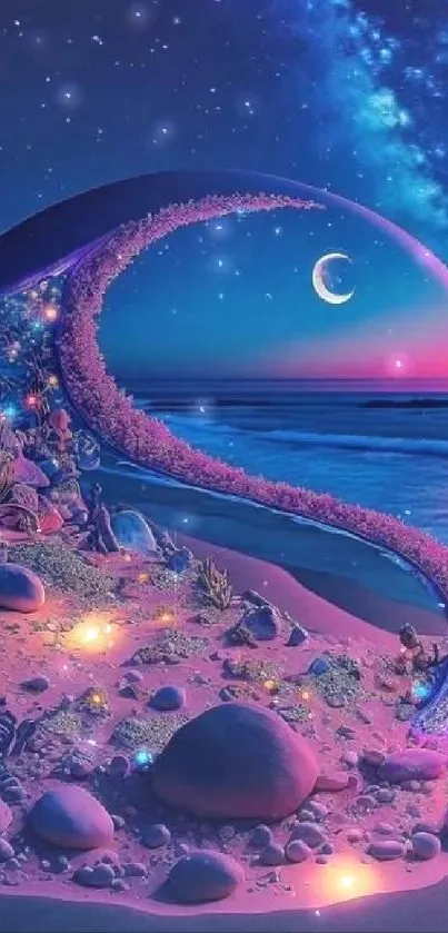 A mystical beach with celestial designs in a vibrant night scene.