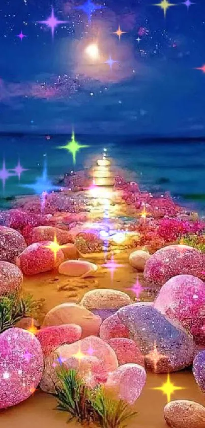 Mystical beach pathway with sparkling stones and dreamy night sky.