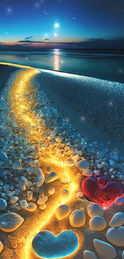 Mystical beach with a glowing stone path and starry sky.