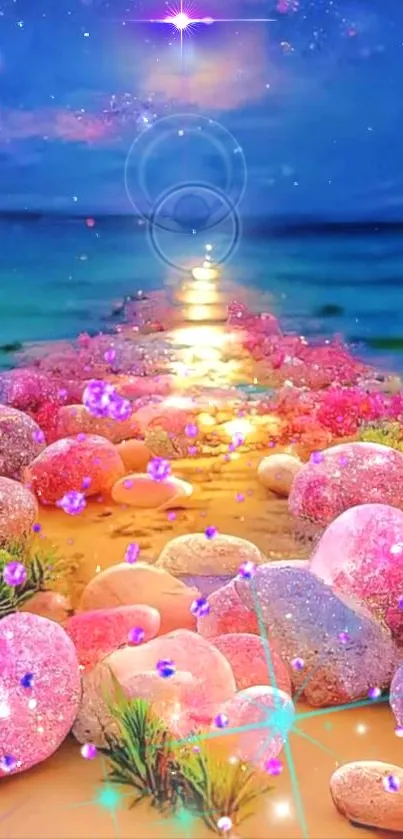 Magical beach sunset with glowing stones and vibrant colors in a serene landscape.