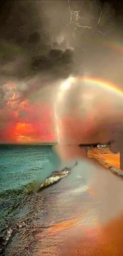 A mystical beach at sunset with a vivid rainbow arcing across the sky.