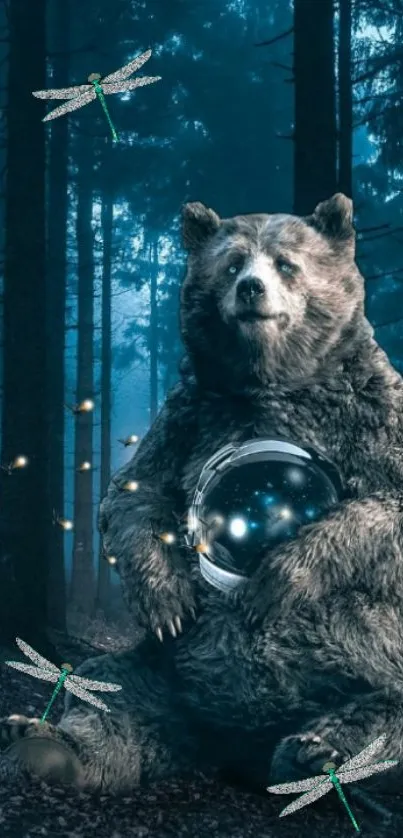 Bear holding orb in mystical forest with dragonflies.