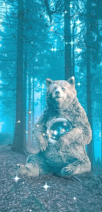 Mystical bear in a starry forest with blue glow wallpaper.