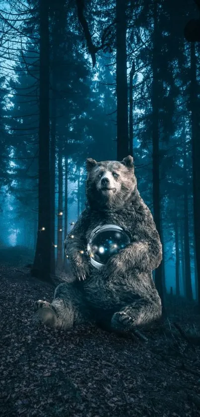 Bear with crystal ball in mystical forest.