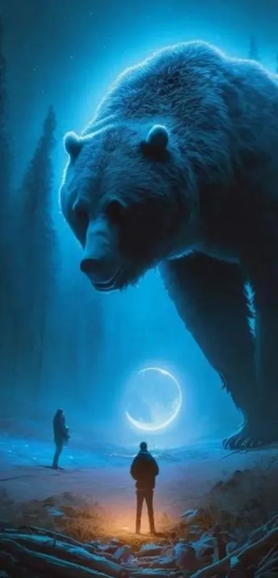 Giant bear in a mystical forest under a blue moon.